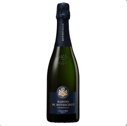 Elegant dark green bottle of Barons de Rothschild Concordia Brut NV Champagne (75cl), featuring a deep navy blue foil capsule with "ROTHSCHILD" in gold vertical lettering. The label is predominantly navy blue with a central gold-embossed heraldic crest (crowned coat of arms with lions), gold text reading "BARONS DE ROTHSCHILD", "CHAMPAGNE", "Concordia", and "BRUT" in sophisticated serif font. A small gold starburst emblem sits above the crest.