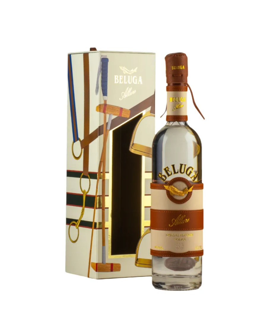 Beluga bottle with decorative box on a white background