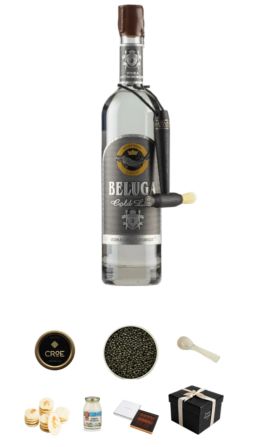 Beluga Gold line vodka bottle with decorative elements on a white background