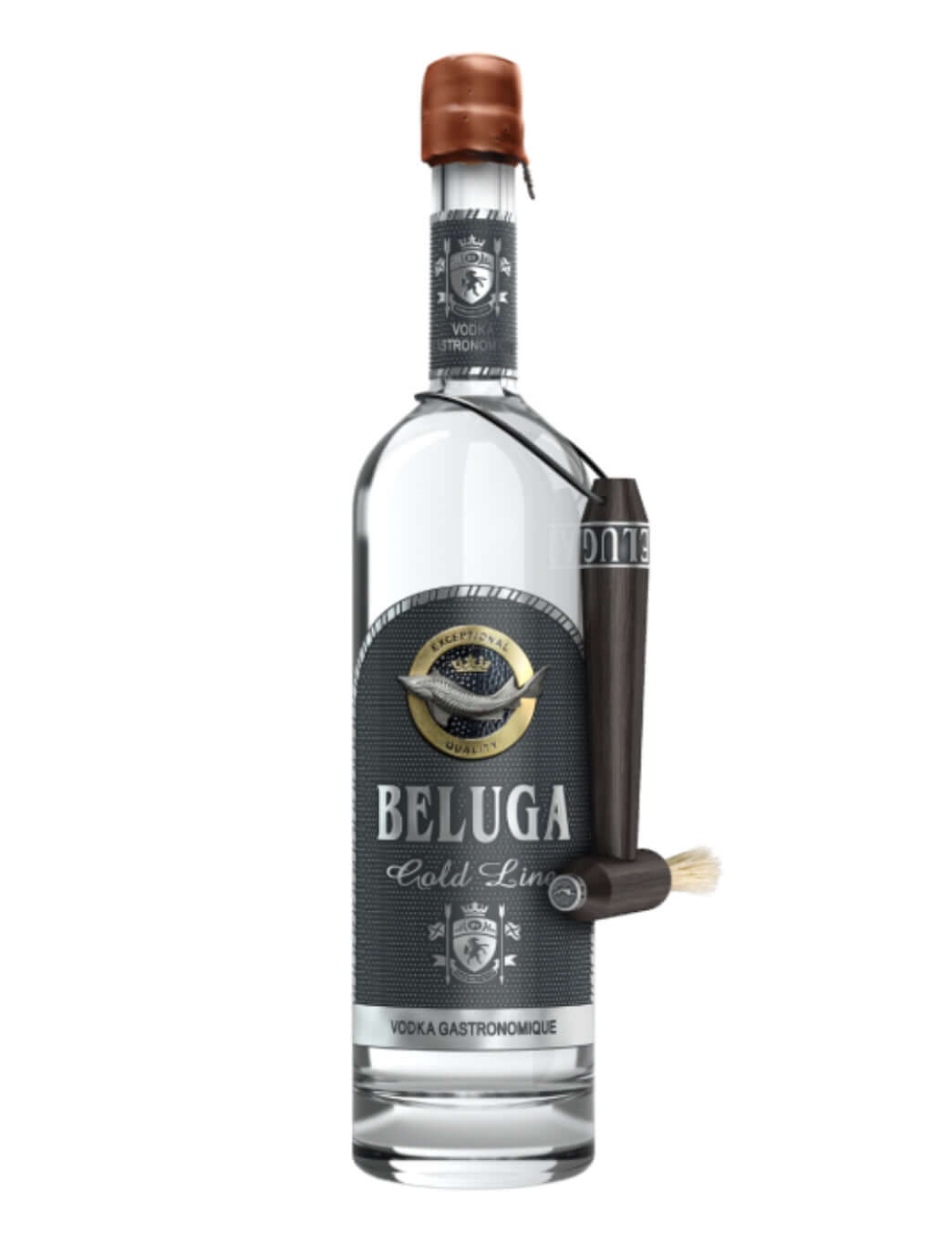 Beluga vodka bottle with a wooden cap on a white background