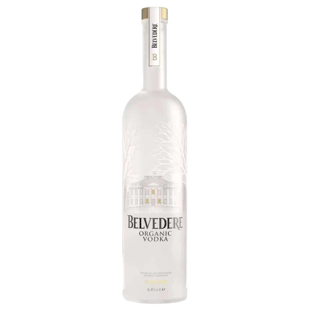 Frosted white glass bottle of Belvedere Organic Vodka with a clear, elegant design. The bottle features subtle etched frost patterns of delicate tree branches or vines wrapping around the glass, creating a natural, organic motif. A prominent central label displays "BELVEDERE" in bold uppercase gold lettering above "ORGANIC VODKA" in smaller gold text.