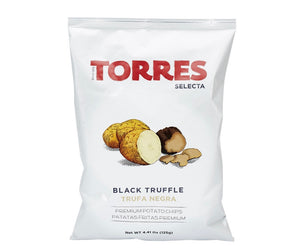 Torres Selecta black truffle potato chips packaging on a white background