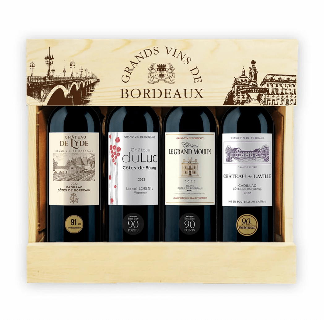 Bordeaux wine gift pack of four 75cl red wine bottles in a wooden crate