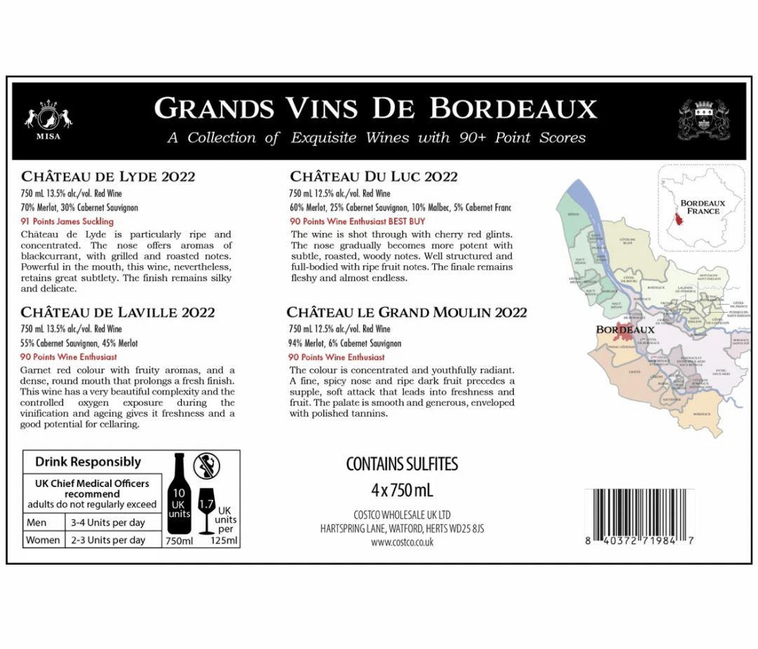 Back label of a wooden gift box for "Grands Vins de Bordeaux" 4-bottle Bordeaux red wine pack (4 x 750ml). The black rectangular label features gold and white text with the title "GRANDS VINS DE BODEAUX" and crown emblem at the top, subtitled "A Collection of Exquisite Wines with 90+ Point Scores". 