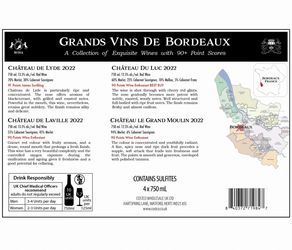 Back label of a wooden gift box for "Grands Vins de Bordeaux" 4-bottle Bordeaux red wine pack (4 x 750ml). The black rectangular label features gold and white text with the title "GRANDS VINS DE BODEAUX" and crown emblem at the top, subtitled "A Collection of Exquisite Wines with 90+ Point Scores". 