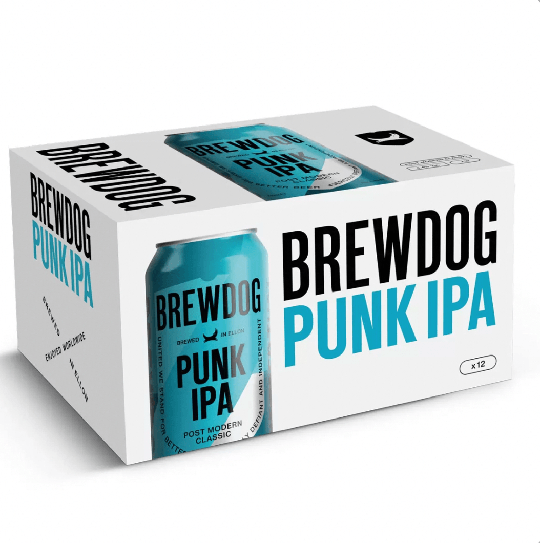 Pack of Brewdog Punk IPA cans on a white background
