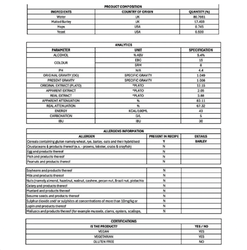 Product composition table with ingredients, analytics, allergen information, and certifications.