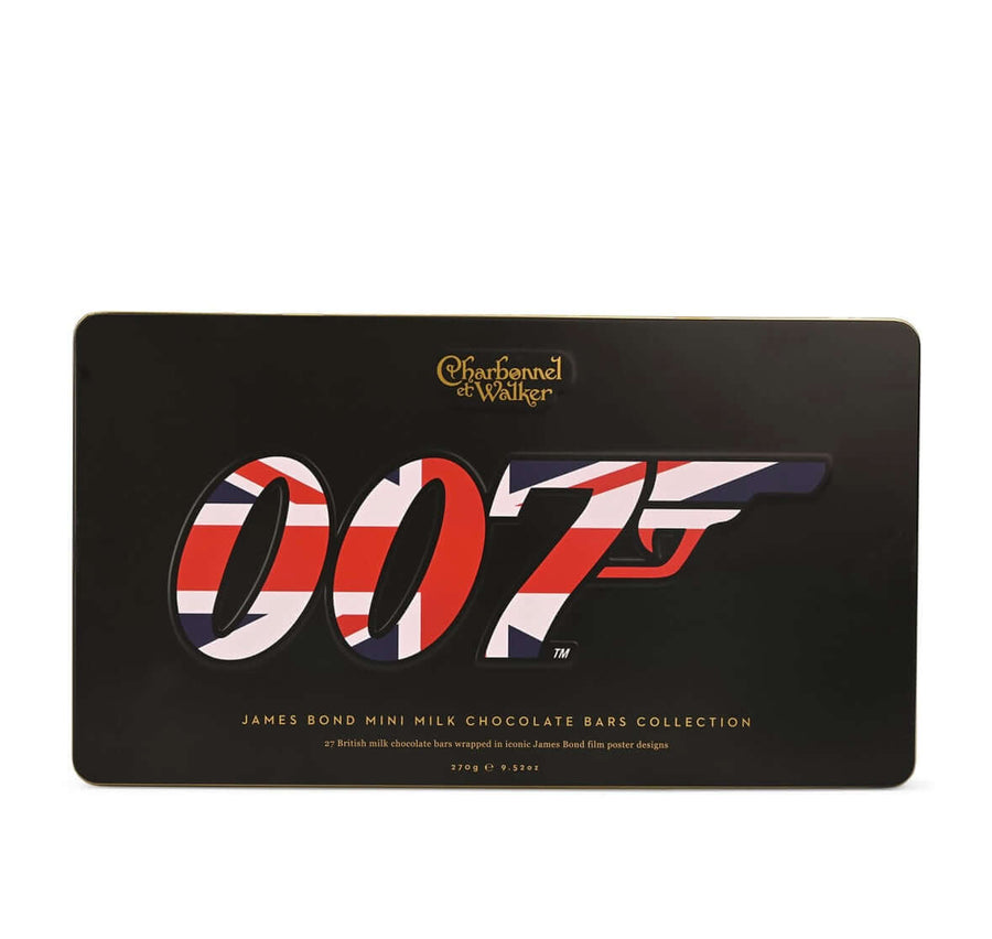 Chocolate bar collection packaging with 007 logo and Charbonnel et Walker branding on a black background.