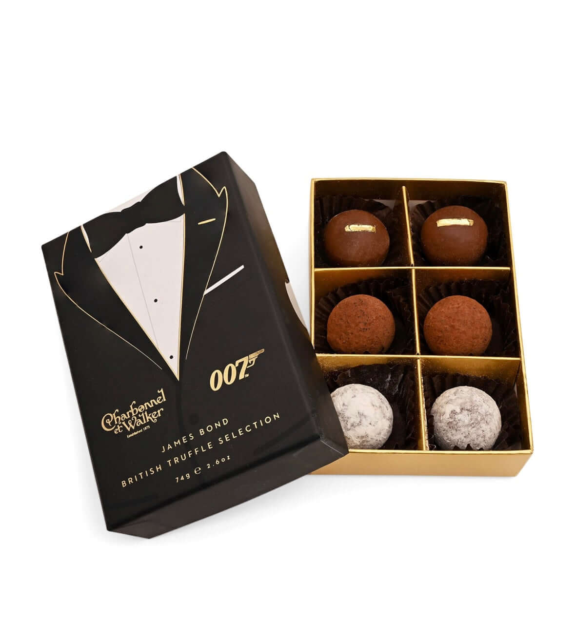 Chocolates in a tuxedo box with 007 branding on a white background