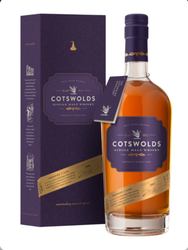 Dark purple gift tube and amber whisky bottle of Cotswolds Sherry Cask Single Malt Whisky (70cl). The tall cylindrical tube is matte deep purple with a subtle textured pattern, gold foil accents, and text reading "COTSWOLDS SINGLE MALT WHISKY", "SHERRY CASK", "SMALL BATCH RELEASE", "Est. 2014" with a pheasant emblem, and "PRODUCT OF ENGLAND". 