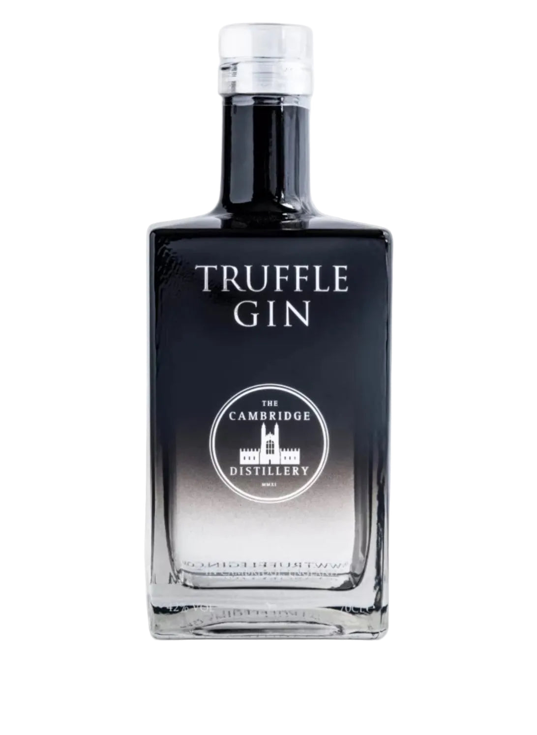 Black square glass bottle of Cambridge Truffle Gin (70cl), filled with dark, inky black gin. The bottle has a clear glass stopper cap and a minimalist label design: "TRUFFLE GIN" in large white capital letters across the front, and a circular emblem below featuring "THE CAMBRIDGE DISTILLERY" in white text around a white line drawing of King's College Chapel (Cambridge landmark), with "MMXXI" (2021) at the bottom. 
