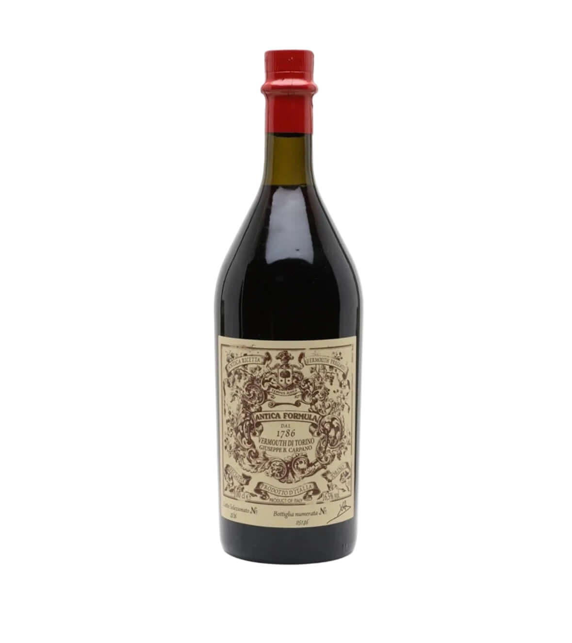 A vintage bottle of Cognac Armagnac, featuring a dark glass body, a red wax seal at the neck, and an ornate beige paper label with detailed black illustrations.