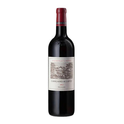Deep red wine in a classic Bordeaux bottle of Carruades de Lafite Pauillac 2021 (75cl). The bottle has a red foil capsule with gold text "CARRUADES DE LAFITE" and a small château emblem. The main label is cream-white with a detailed black line engraving of the historic Lafite château building surrounded by trees and landscape.
