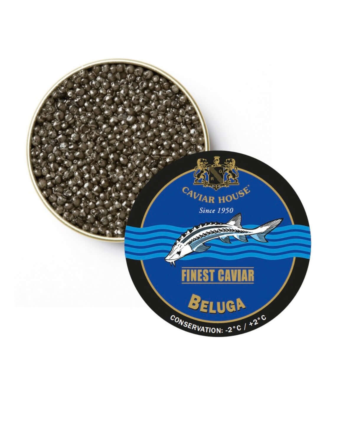 Caviar in a branded container with 'Caviar House' logo on a white background