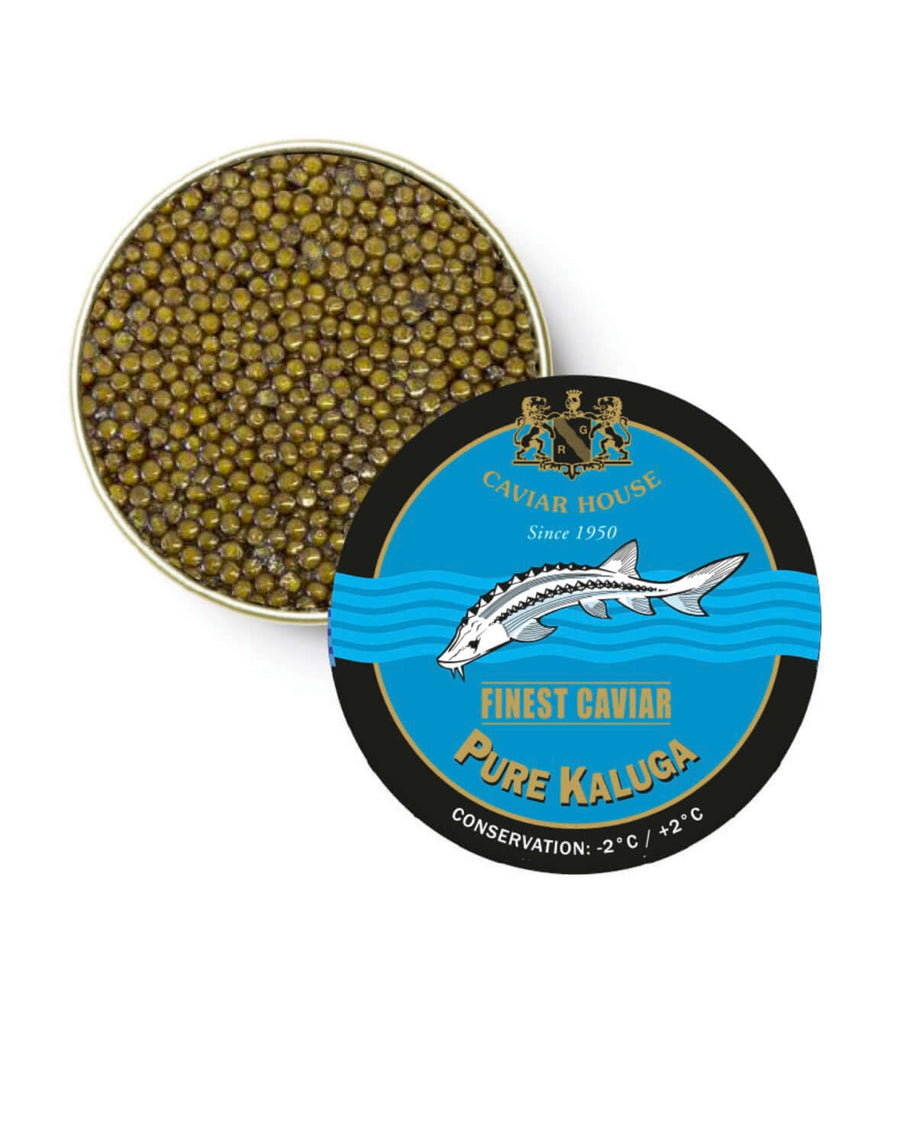 Caviar tin with visible caviar and 'Pure Kaluga' label on a white background
