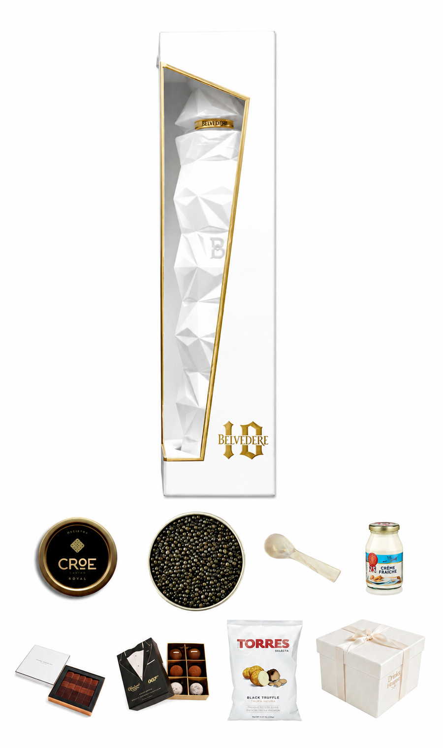 Collection of gourmet items including chocolates, a jar, and a box on a white background