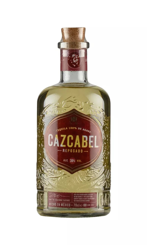 Cazcabel Reposado Tequila 70cl – golden tequila in a rustic, minimal bottle reflecting handcrafted quality and oak-aged smoothness.