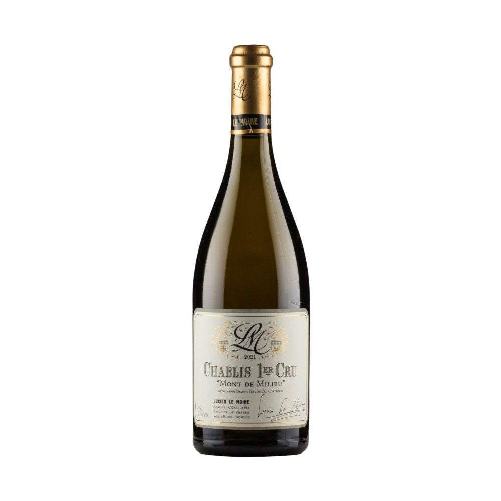 Chablis Mont de Milieu Lucien Le Moine 2021 wine bottle showcasing premium Chardonnay from Burgundy.
