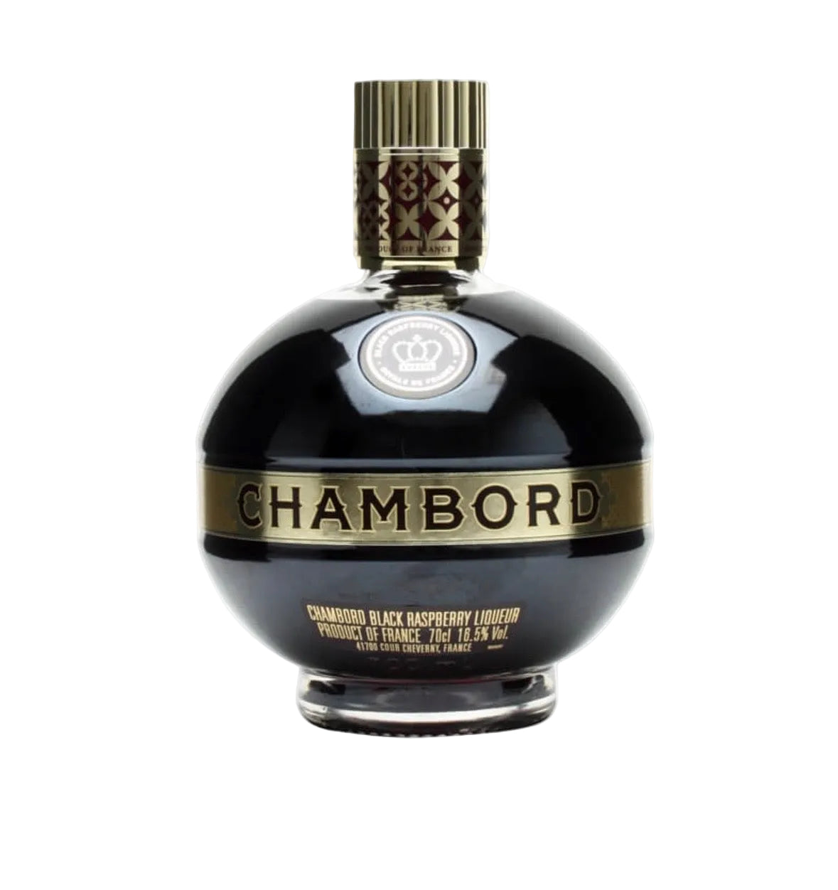 Chambord liqueur bottle with a glossy black body, gold lettering, and a textured gold cap on a white background.