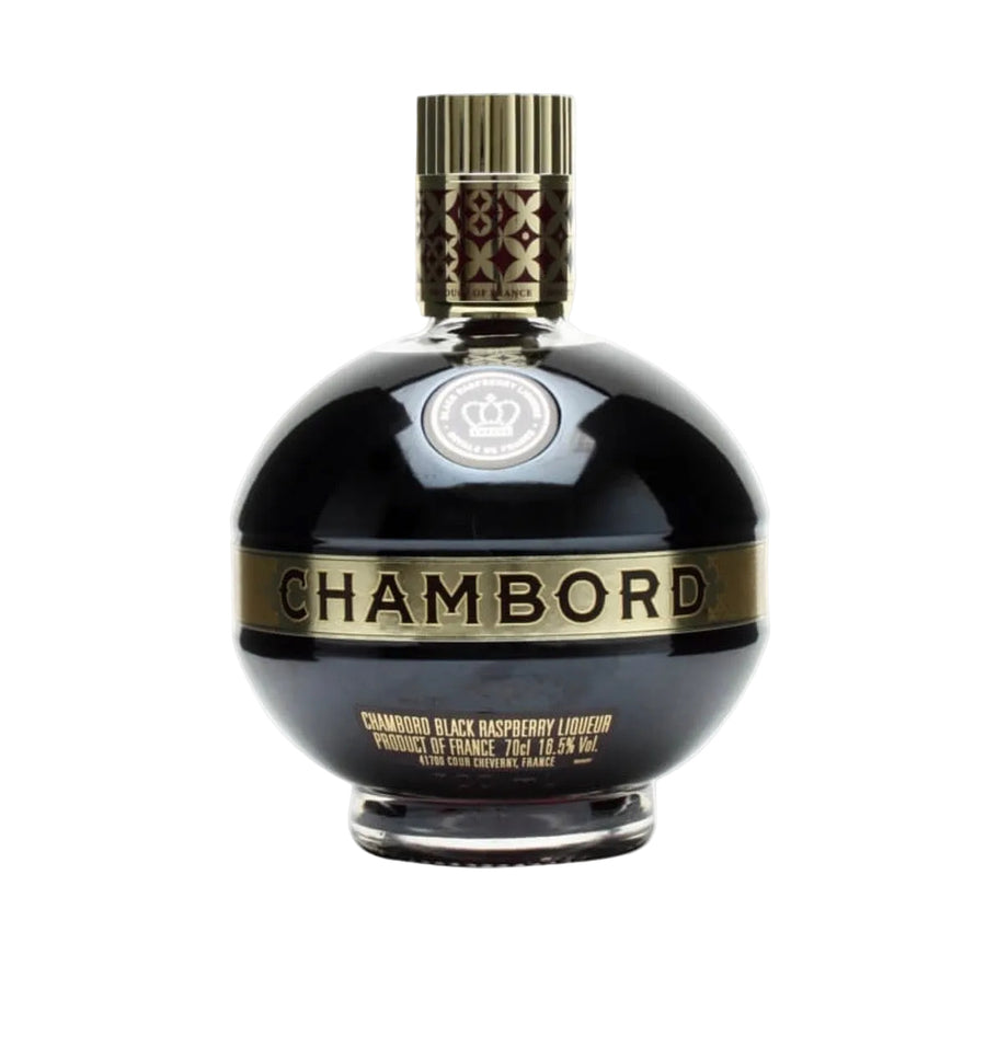 Chambord liqueur bottle with a glossy black body, gold lettering, and a textured gold cap on a white background.