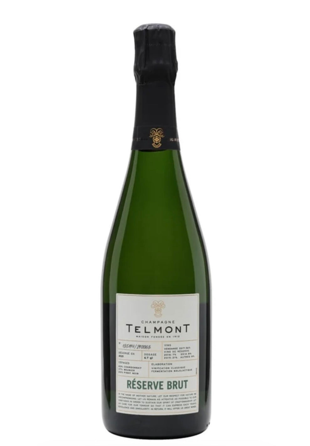 A bottle of Telmont Reserve Brut non-alcoholic sparkling wine, featuring a dark green glass bottle, black foil, and a white label with black text.