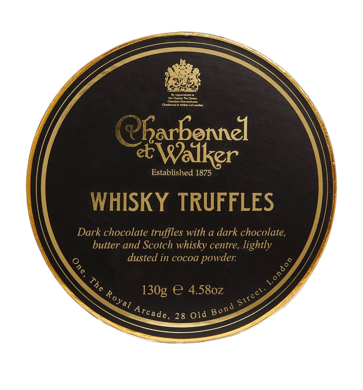 A round black and gold label for Charbonnel et Walker Whisky Truffles, photographed on a plain white background.