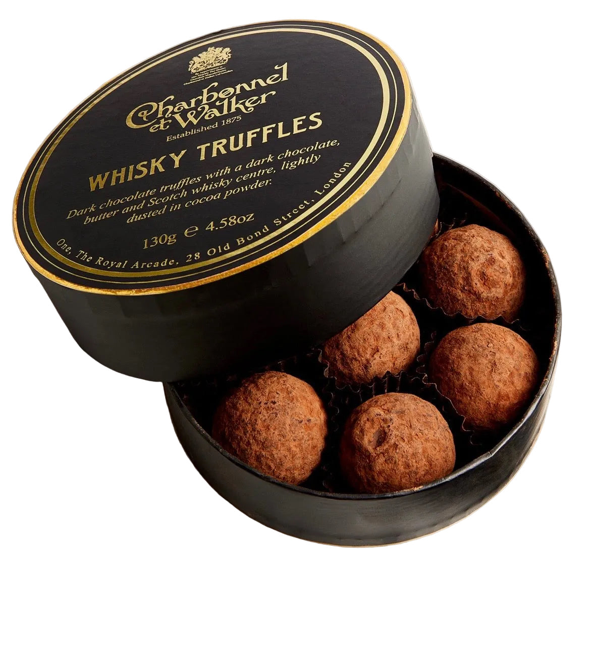 A round black gift box of Charbonnel & Walker Whisky Truffles, with the lid leaning against the open base to reveal five chocolate truffles inside. The lid features gold lettering and a gold crest on a black background.