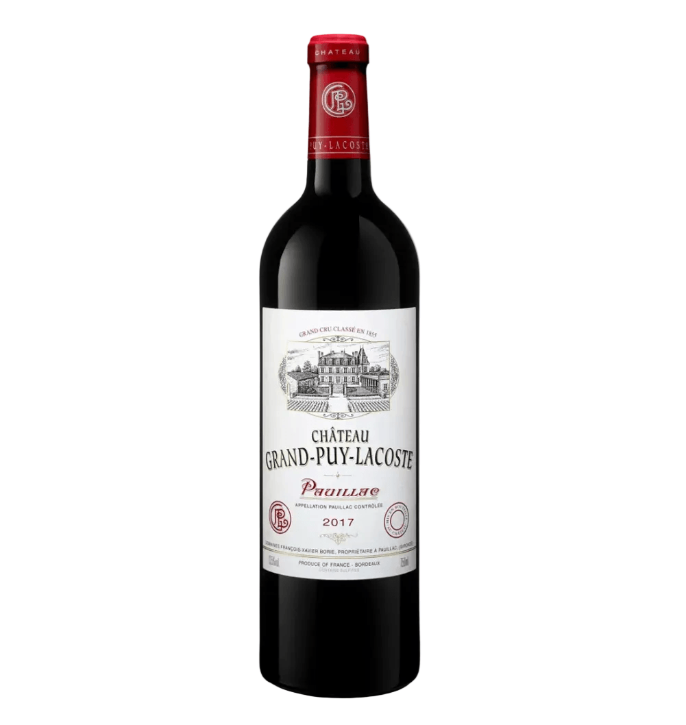 Dark glass bottle of Château Grand-Puy-Lacoste 2017 Pauillac 5ème Grand Cru Classé red Bordeaux wine. The bottle features a deep red foil capsule with gold embossed text "CHATEAU" at the top and "GRAND-PUY-LACOSTE" around the neck band. 