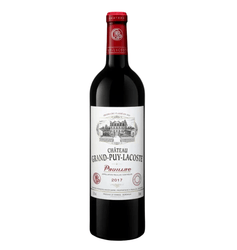 Dark glass bottle of Château Grand-Puy-Lacoste 2017 Pauillac 5ème Grand Cru Classé red Bordeaux wine. The bottle features a deep red foil capsule with gold embossed text "CHATEAU" at the top and "GRAND-PUY-LACOSTE" around the neck band. 