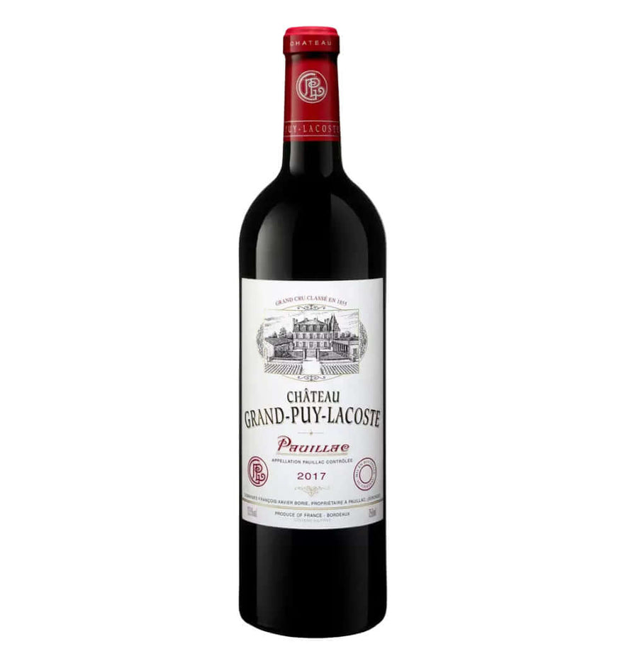 Dark glass bottle of Château Grand-Puy-Lacoste 2017 Pauillac 5ème Grand Cru Classé red Bordeaux wine. The bottle features a deep red foil capsule with gold embossed text "CHATEAU" at the top and "GRAND-PUY-LACOSTE" around the neck band.