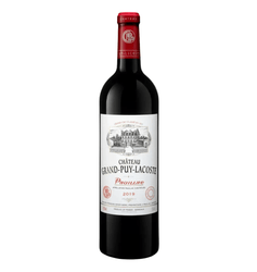 Dark glass bottle of Château Grand-Puy-Lacoste 2019 Pauillac 5ème Grand Cru Classé red Bordeaux wine. The bottle has a deep red foil capsule embossed with "CHATEAU" at the top and a neck band reading "GRAND-PUY-LACOSTE" in gold.