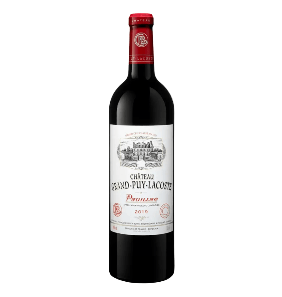 Dark glass bottle of Château Grand-Puy-Lacoste 2019 Pauillac 5ème Grand Cru Classé red Bordeaux wine. The bottle has a deep red foil capsule embossed with "CHATEAU" at the top and a neck band reading "GRAND-PUY-LACOSTE" in gold.