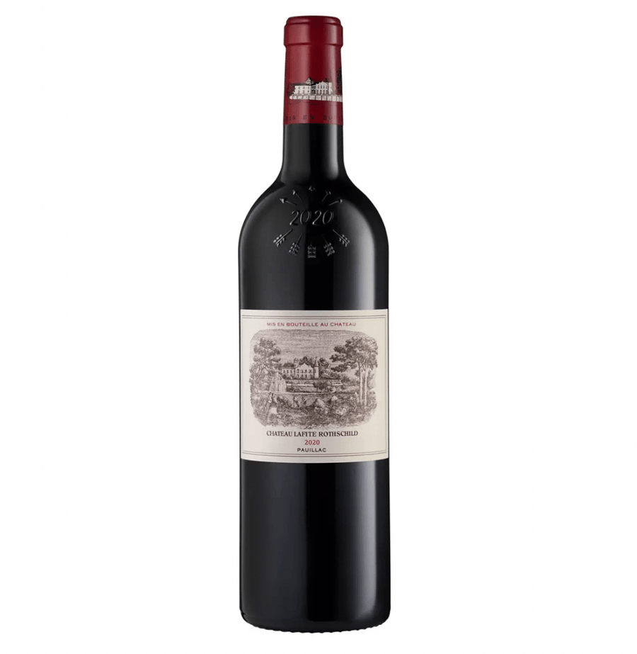 Deep red wine in a classic Bordeaux bottle of Château Lafite Rothschild Pauillac Premier Grand Cru Classé 2020 (75cl). The bottle has a red foil capsule with gold château emblem and engraved stars forming "2020" on the shoulder. The main label is cream-white with a detailed black line engraving of the historic château building surrounded by trees and landscape.