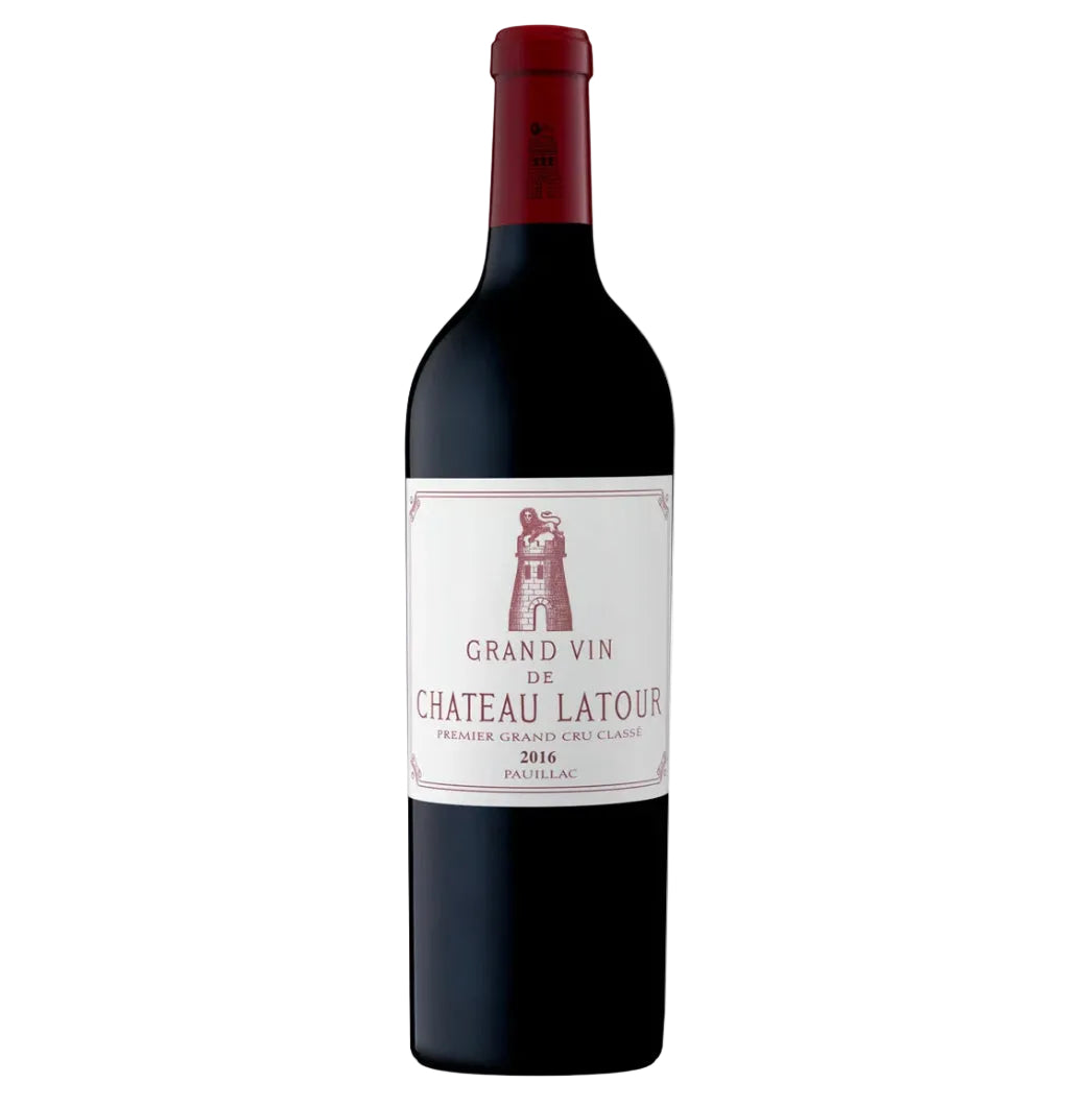 Deep red wine in a classic Bordeaux bottle of Château Latour Grand Vin Pauillac Premier Grand Cru Classé 2016 (75cl). The bottle has a red foil capsule with a detailed gold-embossed illustration of the historic Latour tower and surrounding architecture.