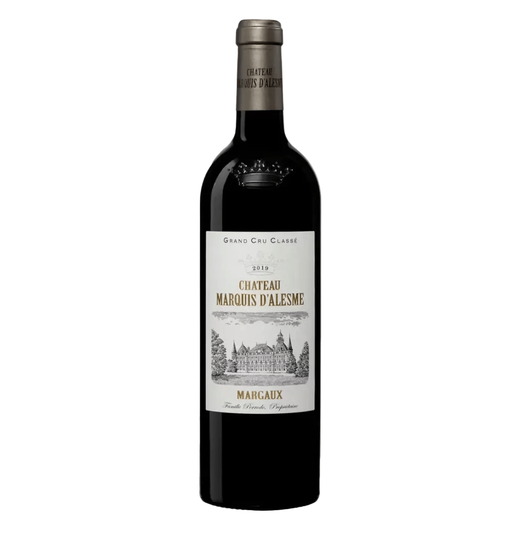 Deep red wine in a classic Bordeaux bottle of Château Marquis d'Alesme Margaux Grand Cru Classé 2019 (75cl). The bottle has a red foil capsule with gold text "CHATEAU MARQUIS D'ALESME". The main label is cream-white with an ornate gold architectural crest at the top featuring intertwined initials and decorative scrolls.