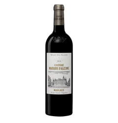 Deep red wine in a classic Bordeaux bottle of Château Marquis d'Alesme Margaux Grand Cru Classé 2019 (75cl). The bottle has a red foil capsule with gold text "CHATEAU MARQUIS D'ALESME". The main label is cream-white with an ornate gold architectural crest at the top featuring intertwined initials and decorative scrolls.