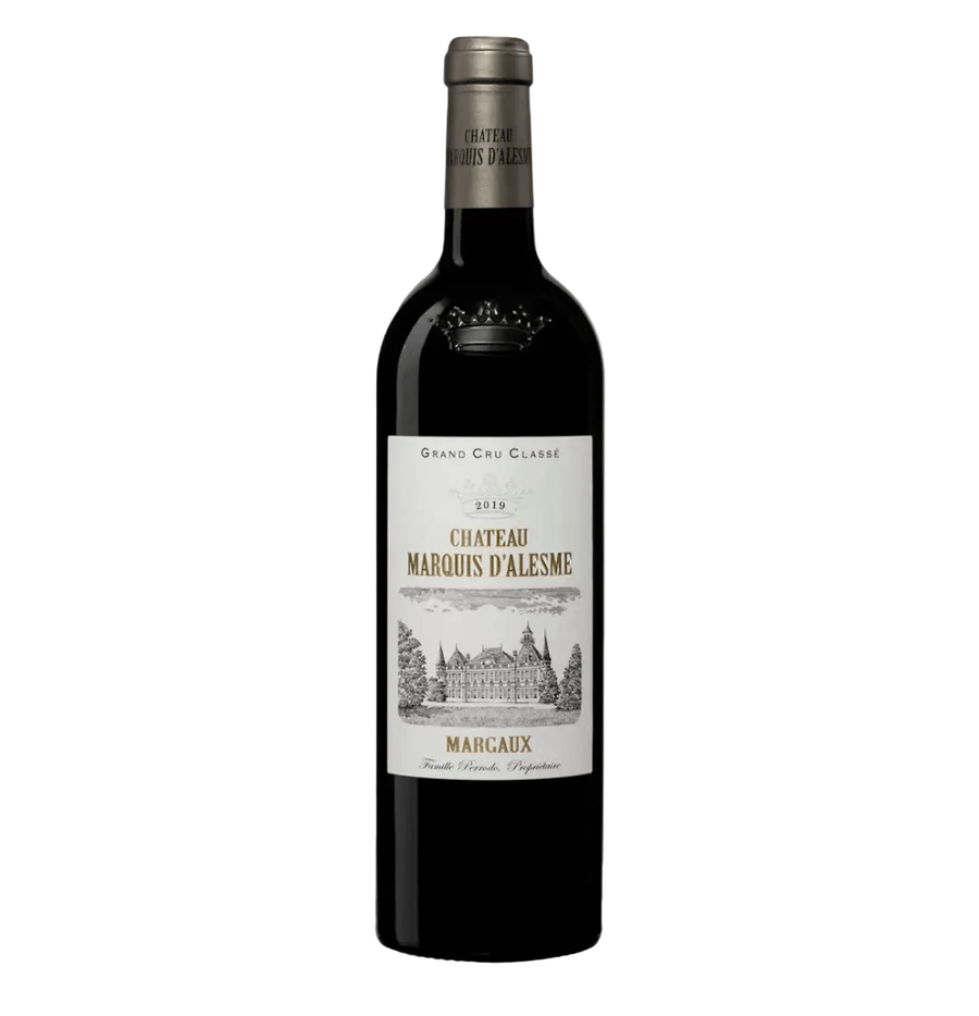 Deep red wine in a classic Bordeaux bottle of Château Marquis d'Alesme Margaux Grand Cru Classé 2019 (75cl). The bottle has a red foil capsule with gold text "CHATEAU MARQUIS D'ALESME". The main label is cream-white with an ornate gold architectural crest at the top featuring intertwined initials and decorative scrolls.