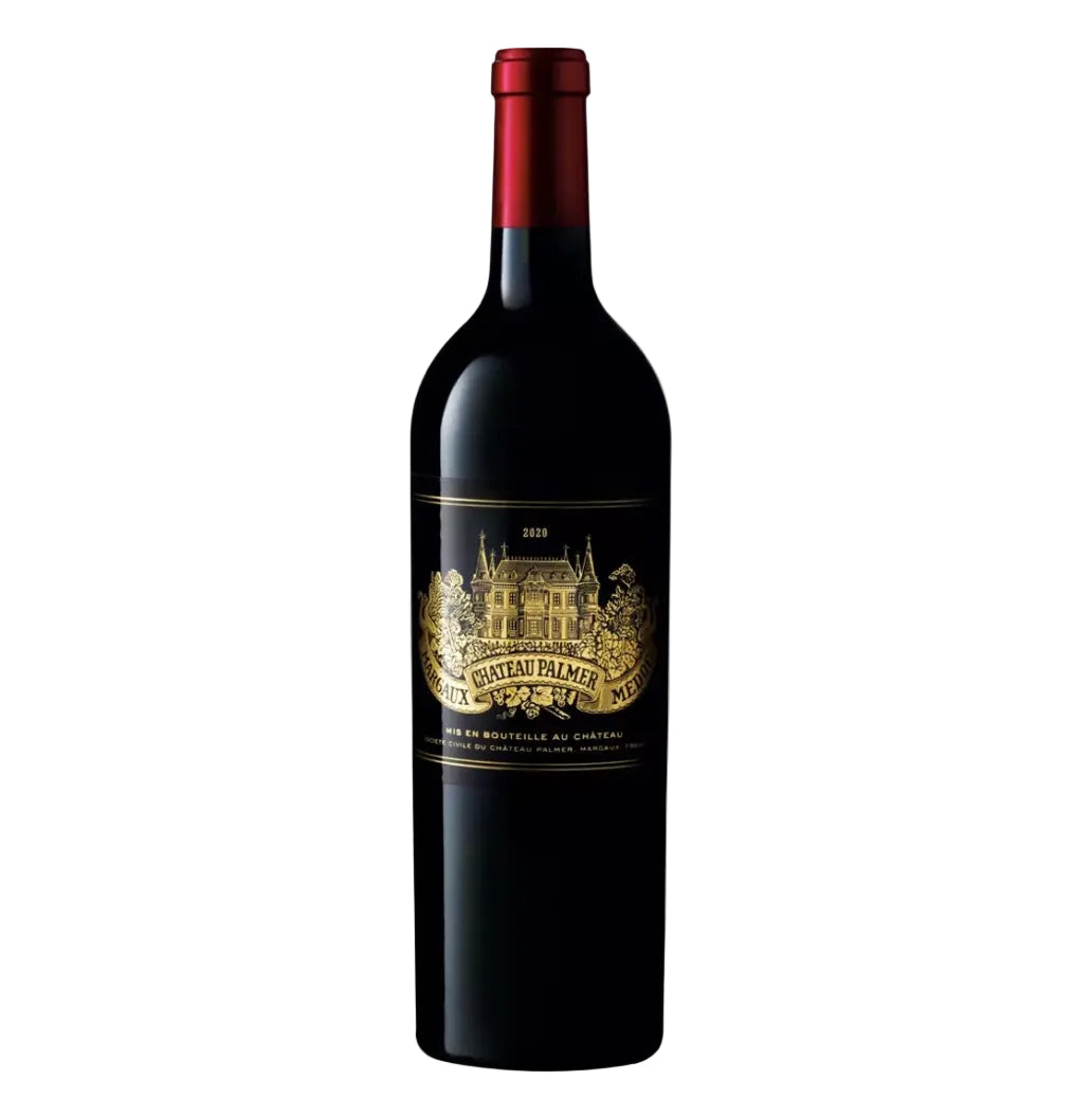 Deep red wine in a classic Bordeaux bottle of Château Palmer Margaux 2020 (75cl). The bottle has a red foil capsule with gold château emblem and text "CHATEAU PALMER". The main label is black with rich gold detailing: a detailed golden engraving of the historic Palmer château building with turrets, gables, trees, and landscape in the center, framed by decorative scrolls and vines. 