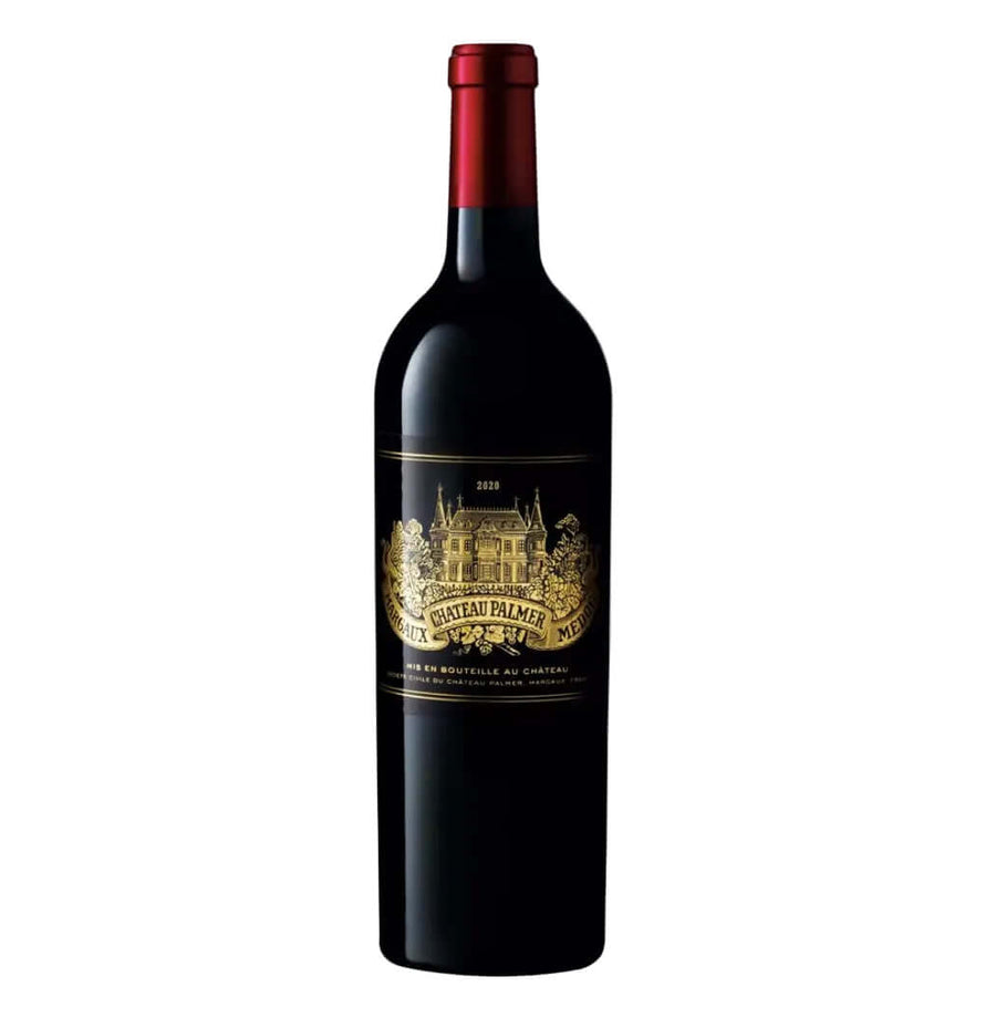 Deep red wine in a classic Bordeaux bottle of Château Palmer Margaux 2020 (75cl). The bottle has a red foil capsule with gold château emblem and text "CHATEAU PALMER". The main label is black with rich gold detailing: a detailed golden engraving of the historic Palmer château building with turrets, gables, trees, and landscape in the center, framed by decorative scrolls and vines. 