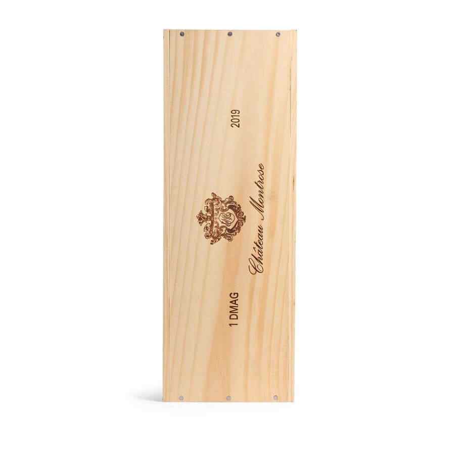 Château Montrose 2019 wooden box for Jeroboam wine, showcasing elegant branding and craftsmanship.