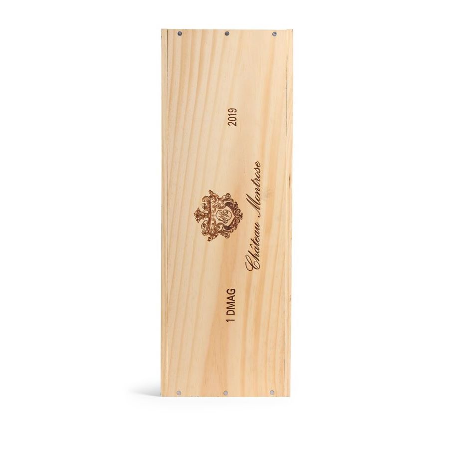 Château Montrose 2019 wooden box for Jeroboam wine, showcasing elegant branding and craftsmanship.