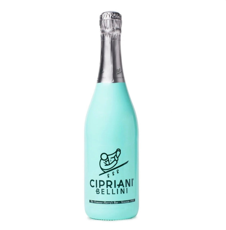 Light blue bottle with silver cap labeled 'Cipriani Bellini' on a white background