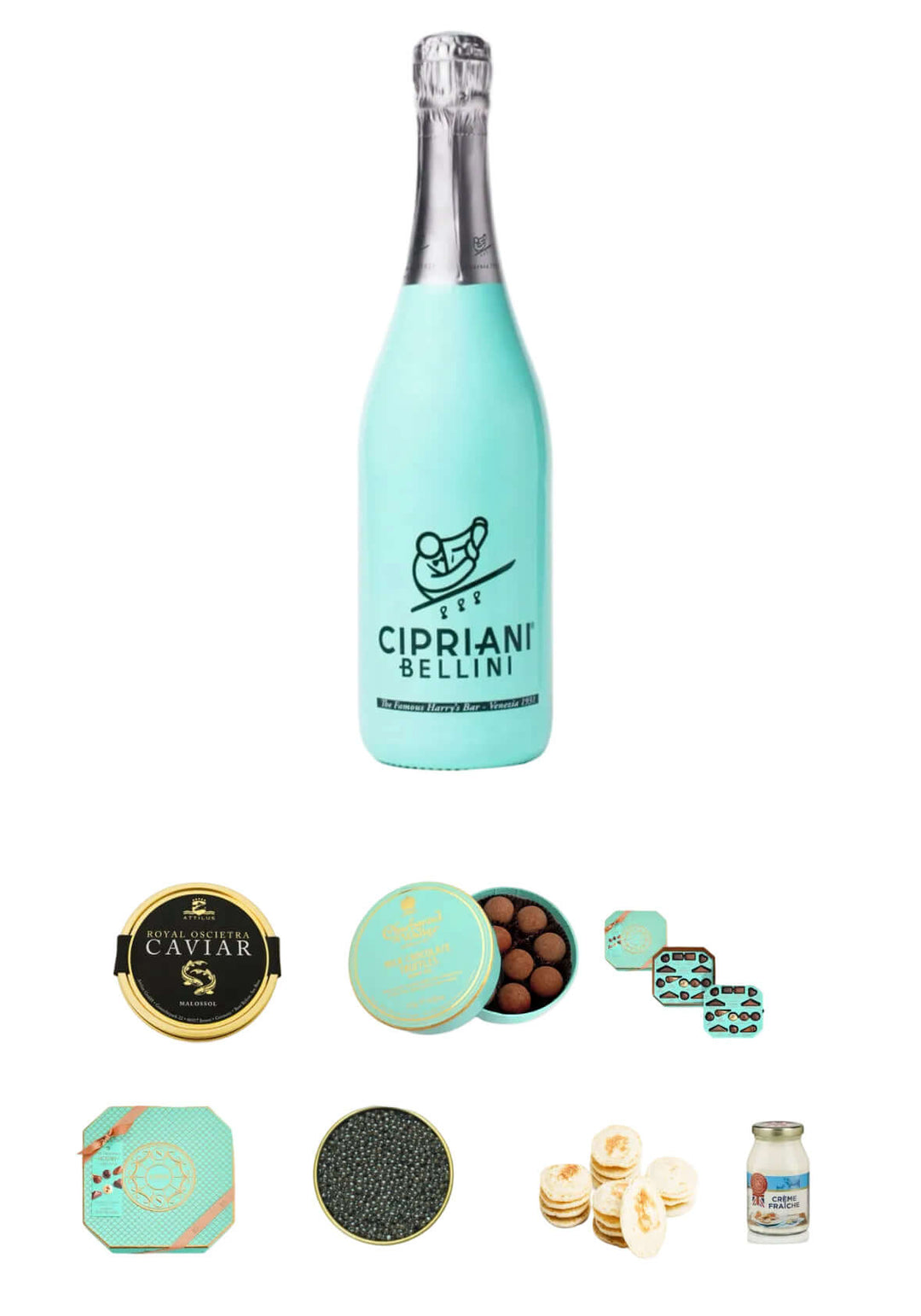 Bottle of Cipriani Bellini with caviar and snacks on a white background