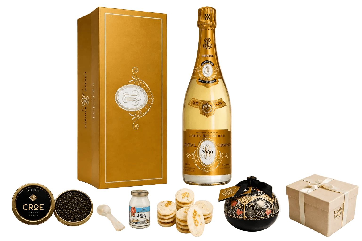 Luxury gift set featuring a bottle of champagne, a tall gold box, caviar, crackers, a small jar, a decorative bowl, and a wrapped box, arranged on a white background.