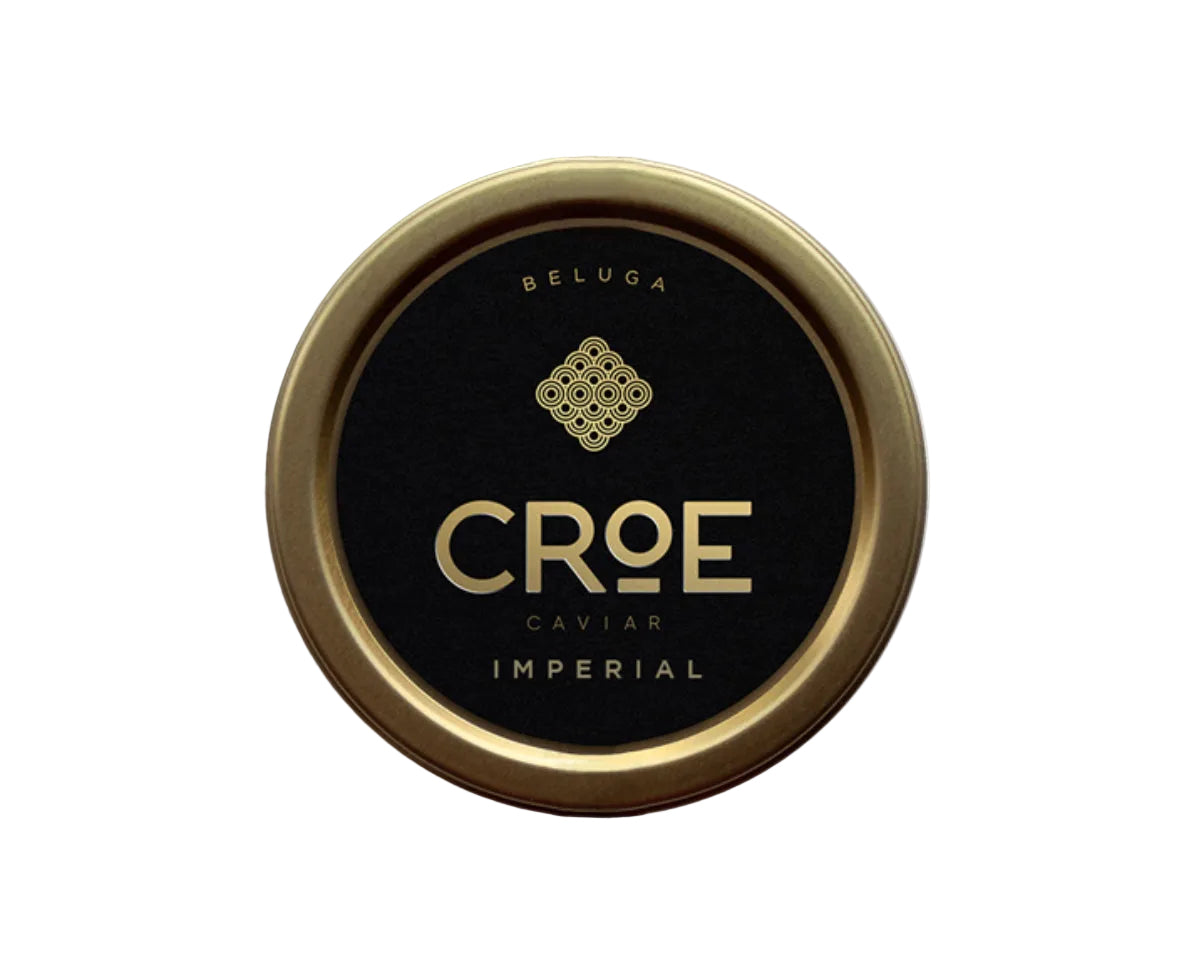 Croe Caviar Imperial container with gold lid on a white background
