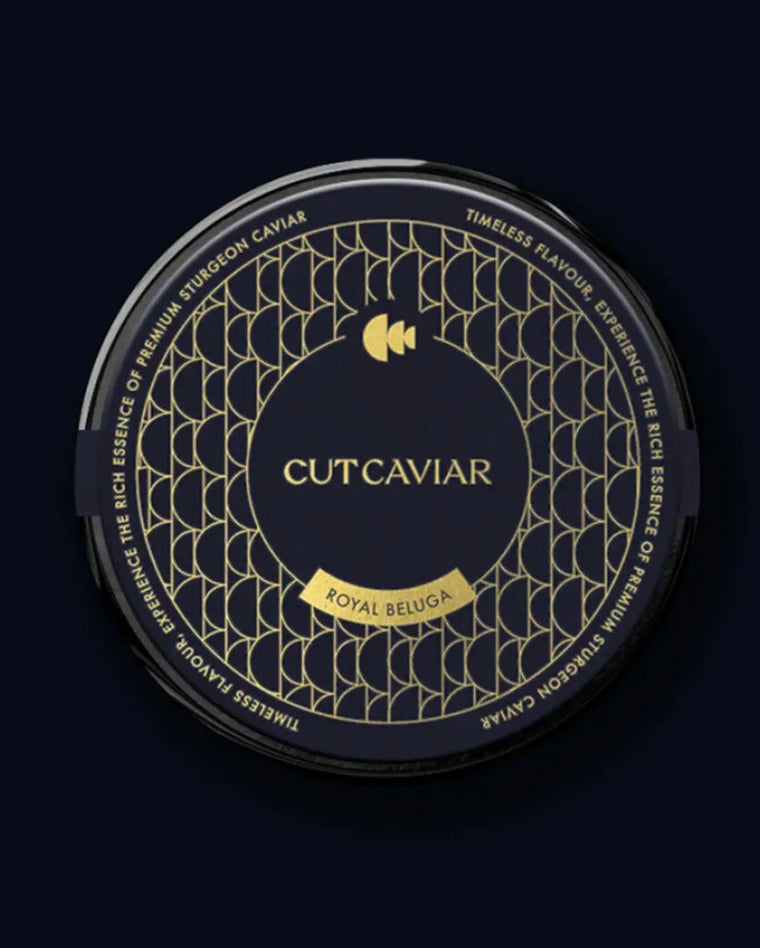 Cutcaviar container with intricate design on a black background