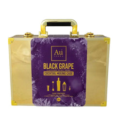 Au Vodka gold briefcase opened showing the Black Grape 70cl bottle and cocktail shaker set