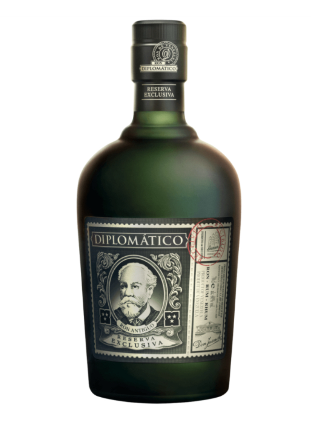 Dark green glass bottle of Diplomático Reserva Exclusiva Rum (70cl), filled with rich amber rum. The label features a vintage-style dark blue and grey design with ornate scrollwork framing a central oval portrait of a bearded man (Señor Don Juancho Nieto) in blue tones. Bold text reads "DIPLOMÁTICO" at the top, "RESERVA EXCLUSIVA" and "RON ANTIGUO" below, with "EXCLUSIVA" in elegant script. A red circular stamp overlay reads "PROPIEDAD PRIVADA" and includes small Venezuelan flag icons and additional fine pr
