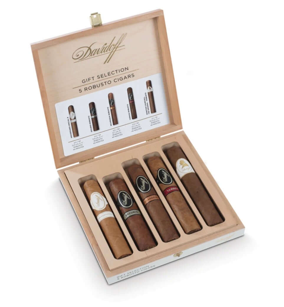 an-open-wooden-davidoff-cigar-gift-box-containing-five-robusto-cigars-displayed-on-a-clean-white-background