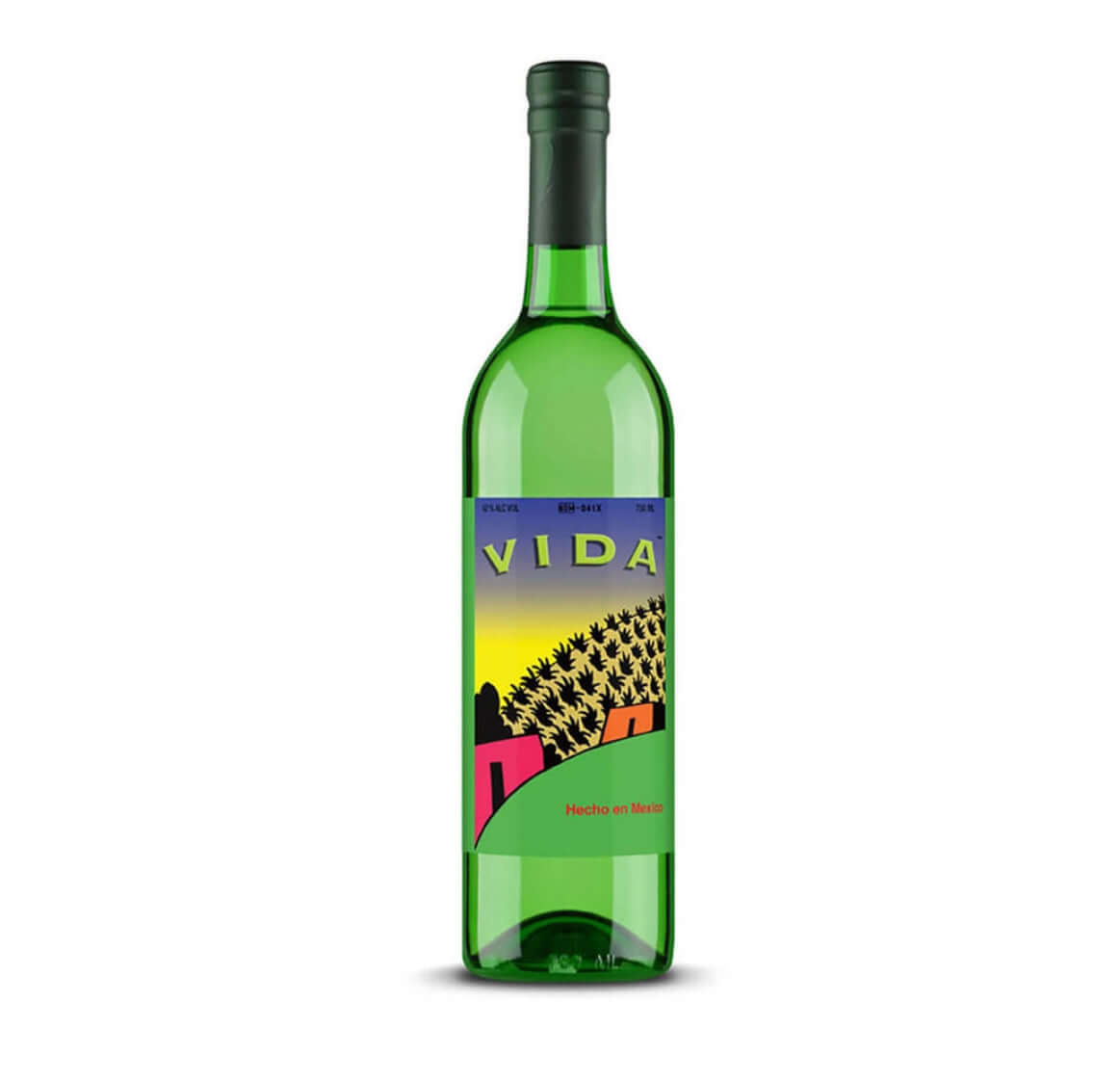Green glass bottle of Del Maguey VIDA Clásico Single Village Mezcal (70cl / 750ml), featuring a vibrant, colorful label with a gradient sunset sky from purple to yellow, a field of golden agave plants (piñas) silhouetted against the horizon, abstract colorful hills or structures in pink and orange at the base, bold yellow "VIDA" text in the center, and "Hecho en México" printed below.
